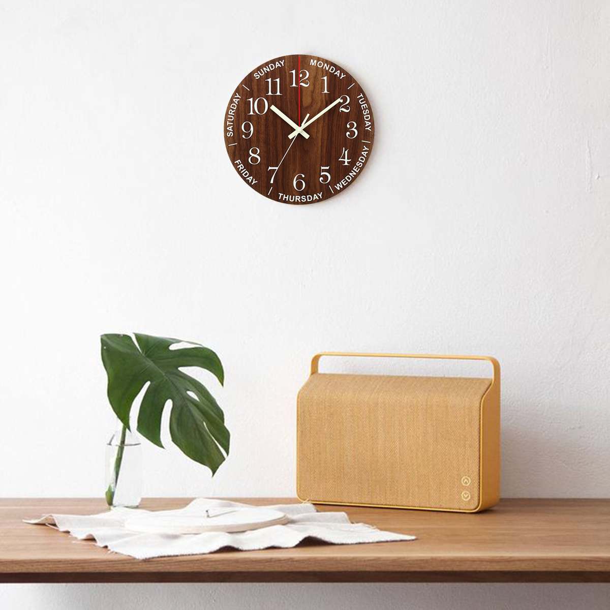 wall mounted clock with days of the week and luminous clockface
